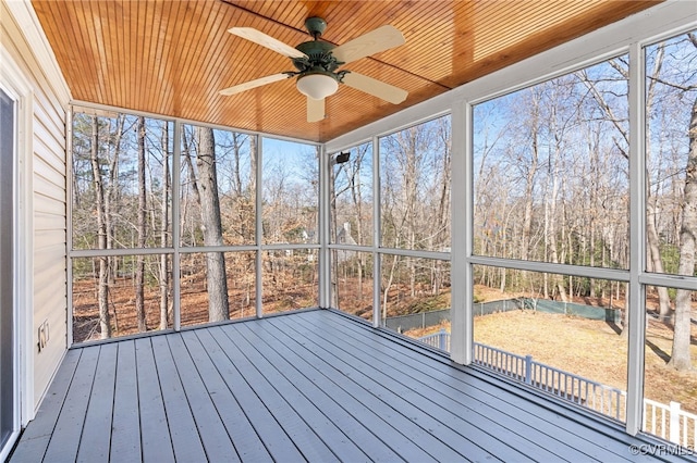 unfurnished sunroom featuring wooden ceiling, plenty of natural light, and a ceiling fan