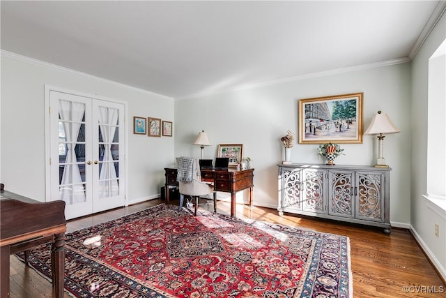 office space with crown molding, wood-type flooring, and french doors