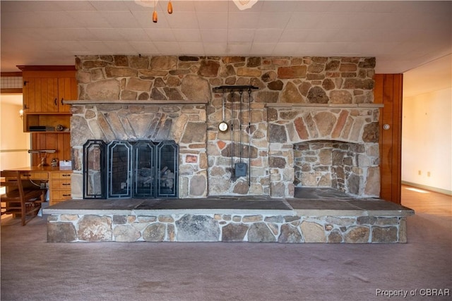 details with carpet and a fireplace