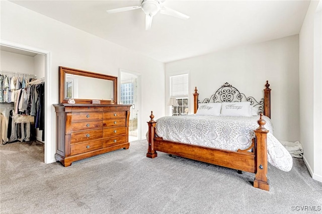 bedroom featuring a walk in closet, carpet, ceiling fan, and a closet