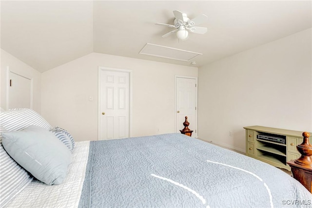 bedroom featuring vaulted ceiling and ceiling fan