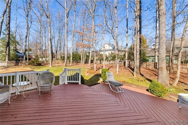 wooden terrace featuring a fenced backyard and a lawn