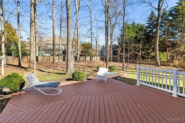 wooden terrace with a fenced backyard