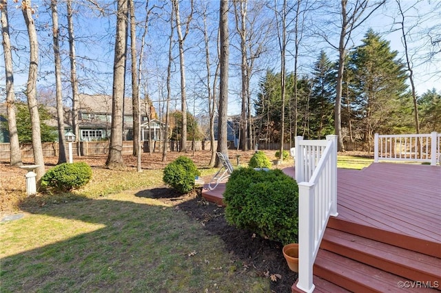 view of yard featuring fence and a deck