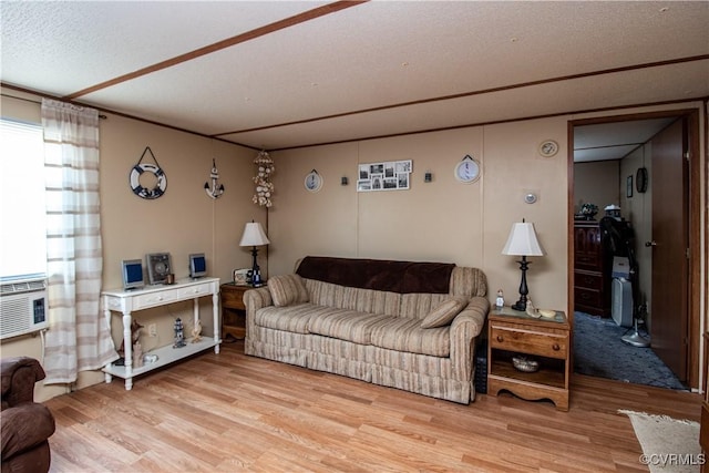 living room featuring cooling unit and light hardwood / wood-style flooring