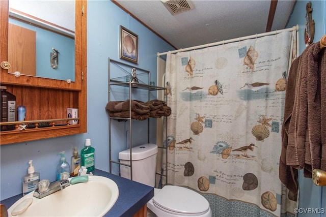 bathroom featuring vanity, curtained shower, and toilet