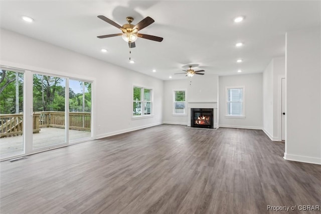 8280 Mobjack Ln, Hayes, VA 23072 - unfurnished living room featuring a ceiling fan, baseboards, dark wood finished floors, and recessed lighting