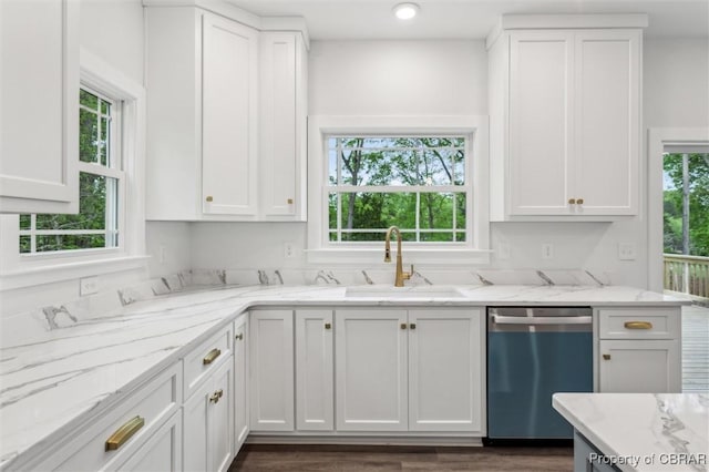 8280 Mobjack Ln, Hayes, VA 23072 - kitchen with a sink, dishwasher, white cabinetry, and a healthy amount of sunlight