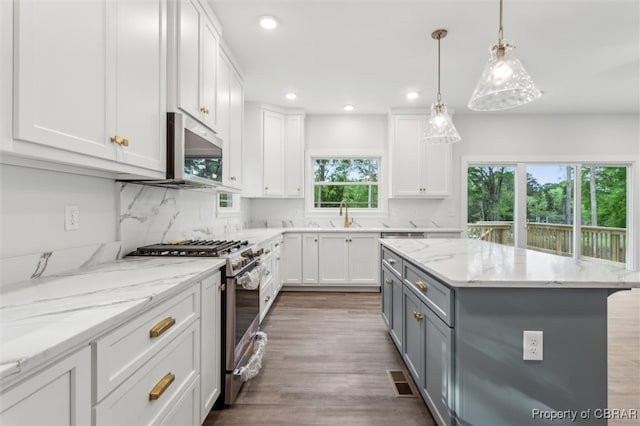 8280 Mobjack Ln, Hayes, VA 23072 - kitchen featuring gray cabinets, recessed lighting, stainless steel appliances, a kitchen island, and white cabinetry