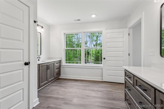 8280 Mobjack Ln, Hayes, VA 23072 - bathroom with recessed lighting, wood finished floors, vanity, baseboards, and visible vents