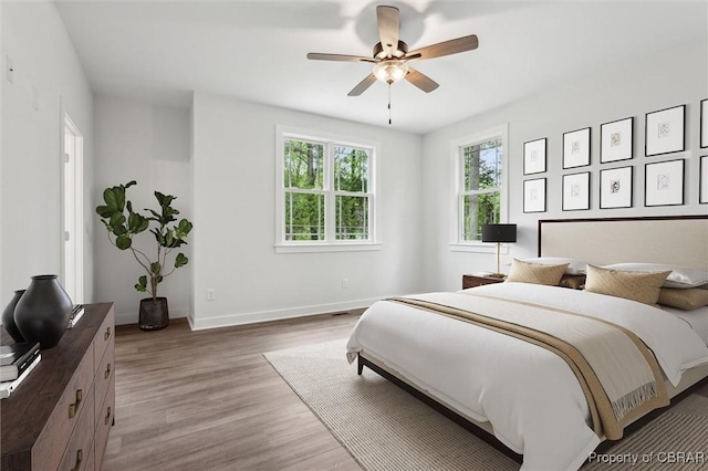 8280 Mobjack Ln, Hayes, VA 23072 - bedroom featuring light wood-style floors, ceiling fan, baseboards, and multiple windows