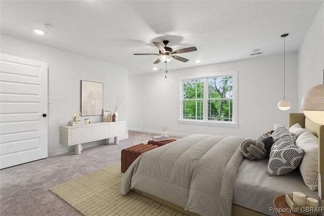 8280 Mobjack Ln, Hayes, VA 23072 - bedroom featuring recessed lighting, carpet floors, baseboards, visible vents, and a ceiling fan