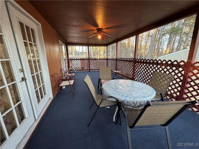 sunroom / solarium featuring wooden ceiling and ceiling fan