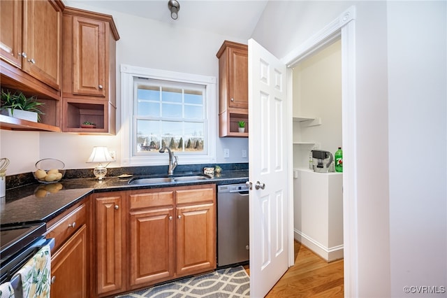 kitchen featuring range with electric cooktop, a sink, brown cabinets, dishwasher, and open shelves