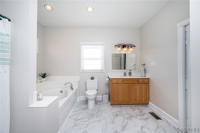 full bathroom with marble finish floor, recessed lighting, visible vents, toilet, and baseboards