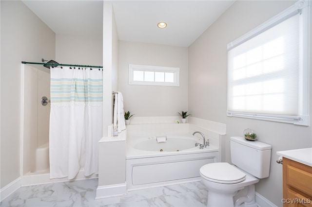 bathroom with toilet, vanity, marble finish floor, a shower with curtain, and a whirlpool tub