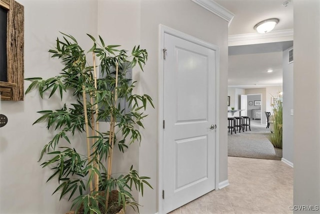 corridor with crown molding and light colored carpet