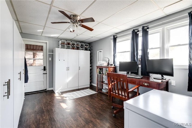 office space with ceiling fan, a drop ceiling, and wood finished floors