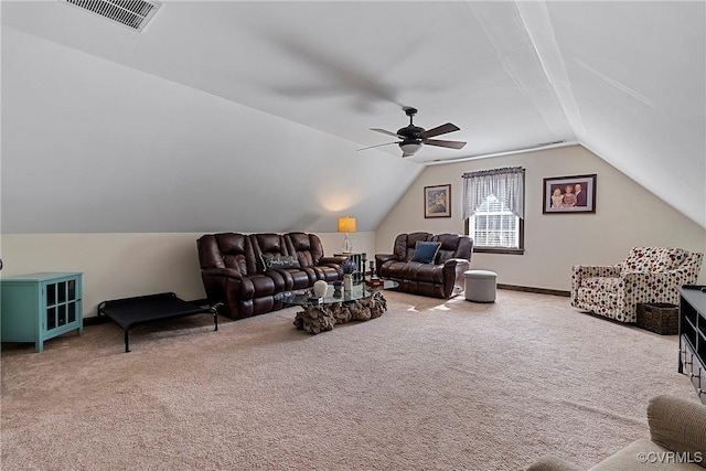 living room with lofted ceiling, ceiling fan, and carpet