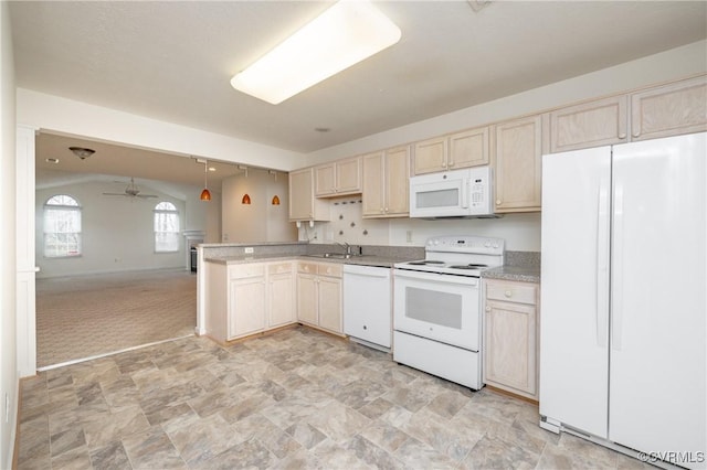 kitchen featuring white appliances, decorative light fixtures, light carpet, kitchen peninsula, and ceiling fan