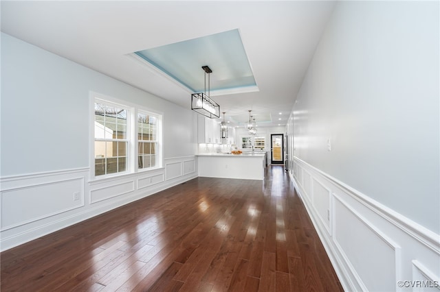 unfurnished dining area featuring dark hardwood / wood-style flooring and a raised ceiling