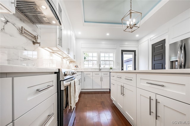 kitchen with custom exhaust hood, white cabinetry, a tray ceiling, stainless steel appliances, and backsplash