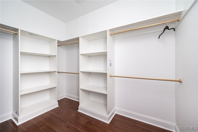 spacious closet with dark wood finished floors