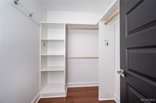 walk in closet with dark wood-type flooring