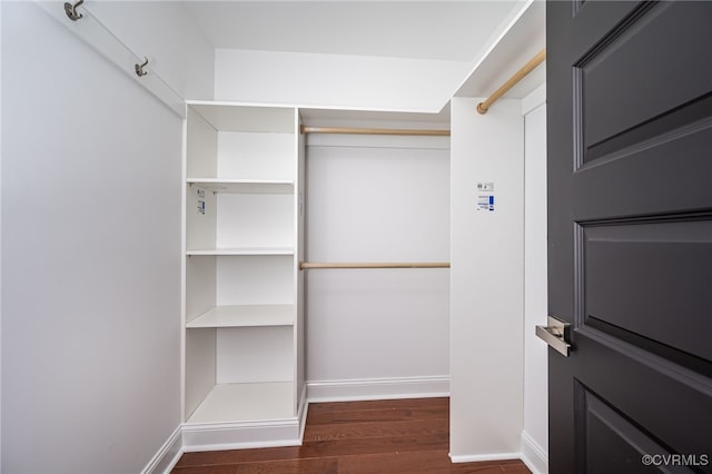 walk in closet with dark wood-style flooring