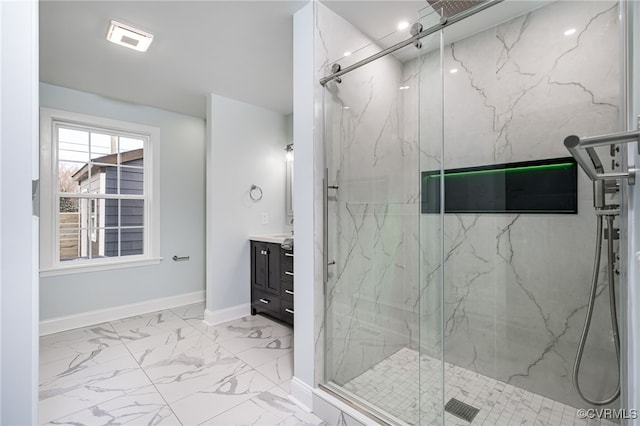 full bathroom with vanity, visible vents, marble finish floor, baseboards, and a marble finish shower