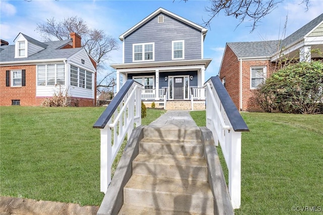 traditional-style house featuring covered porch and a front lawn