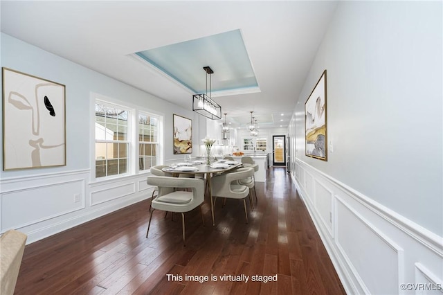 dining room with dark wood-type flooring, a raised ceiling, a decorative wall, and a wainscoted wall