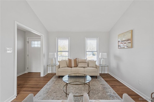 living room featuring dark wood-type flooring and vaulted ceiling