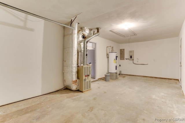 basement with electric panel and electric water heater