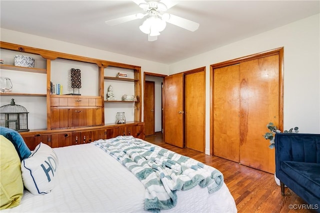 bedroom featuring a ceiling fan, dark wood finished floors, and two closets