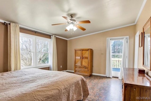 bedroom with ceiling fan and crown molding