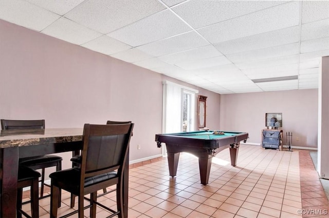 rec room featuring light tile patterned floors, billiards, and a paneled ceiling