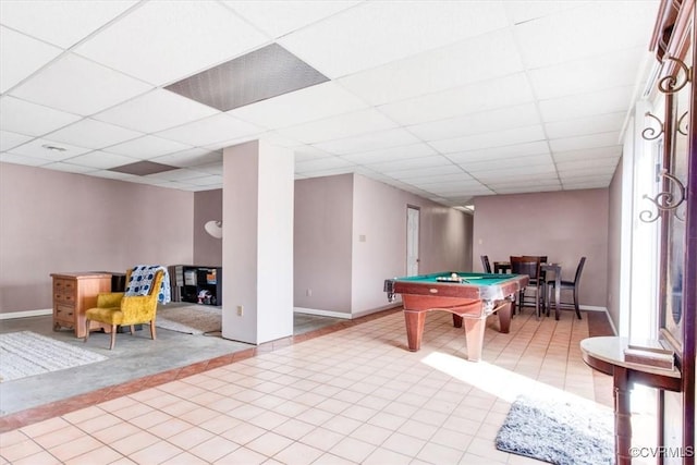 playroom featuring light tile patterned floors, billiards, and a paneled ceiling