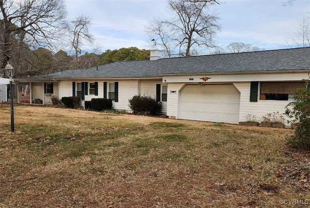 single story home with a garage, a shingled roof, a chimney, and a front yard