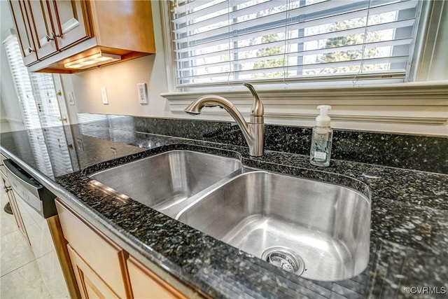 interior details featuring dishwasher, dark stone countertops, and a sink