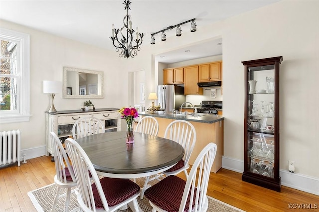 dining room with baseboards, light wood-type flooring, an inviting chandelier, and radiator