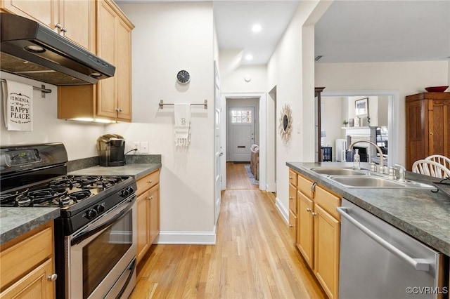 kitchen featuring under cabinet range hood, a sink, appliances with stainless steel finishes, light wood finished floors, and dark countertops