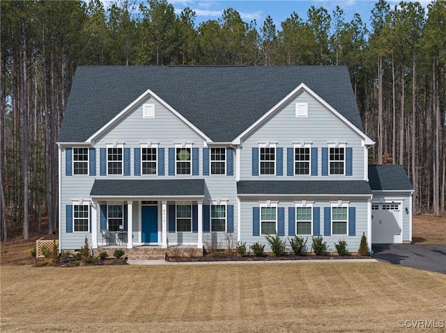 view of front of house featuring a porch, a garage, and a front lawn