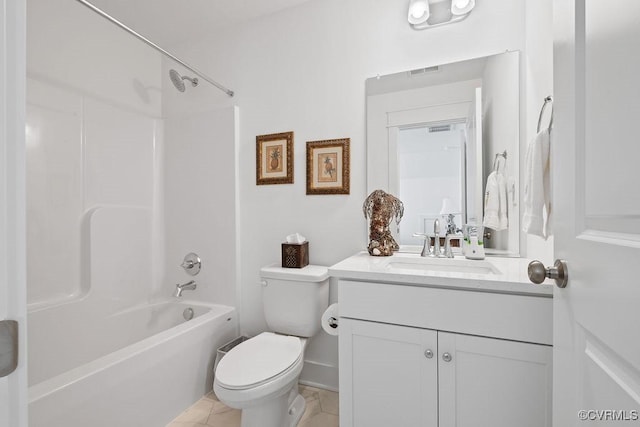 bathroom featuring toilet, vanity, visible vents, shower / bathing tub combination, and tile patterned floors