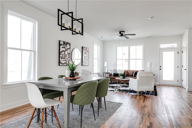 dining room featuring hardwood / wood-style flooring, plenty of natural light, and ceiling fan