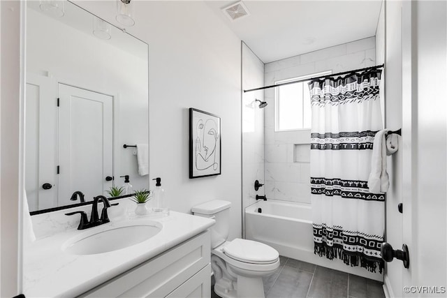 full bathroom with vanity, shower / tub combo with curtain, and toilet