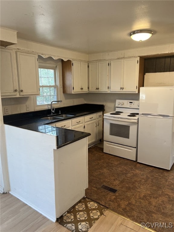 kitchen featuring white cabinetry, white appliances, kitchen peninsula, and sink