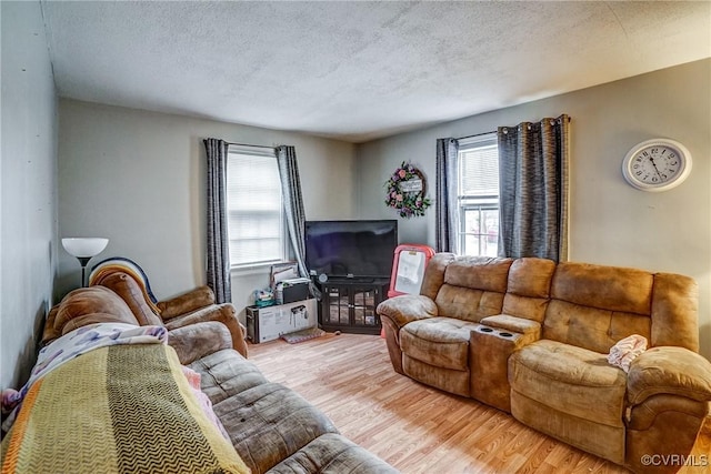 living room featuring a textured ceiling, light wood finished floors, and a wealth of natural light