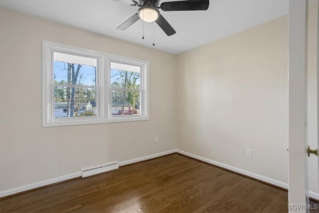 spare room featuring ceiling fan, dark hardwood / wood-style floors, and baseboard heating