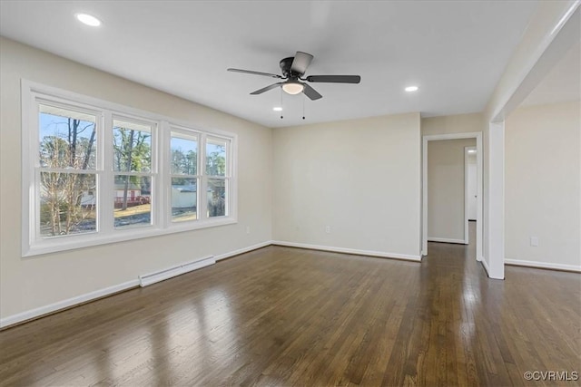 empty room featuring dark hardwood / wood-style flooring, ceiling fan, and baseboard heating